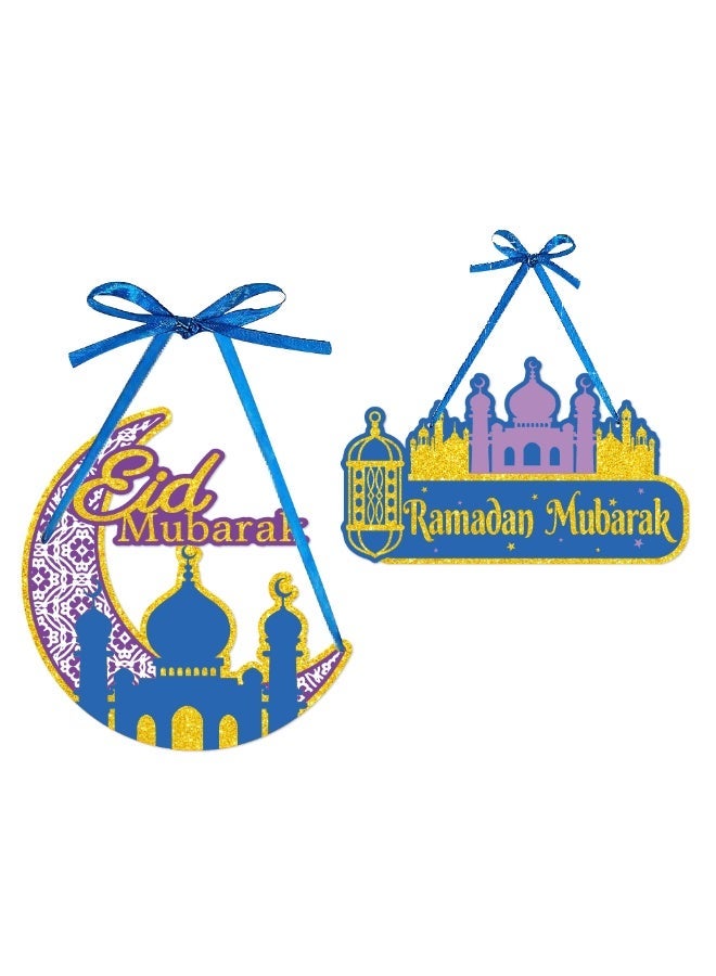2PCS Ramadan & Eid Mubarak Door Hanging Decorations – Moon, Mosque & Lantern Paper Wall Pendant Home Festival Decor - Image 1